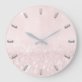 Pink Blush Rose Pulver Glitzer Grau Silbergrau Große Wanduhr