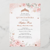 Pink Blush Rosen Butterfly Silver Quinceanera Folieneinladung (Vorderseite)