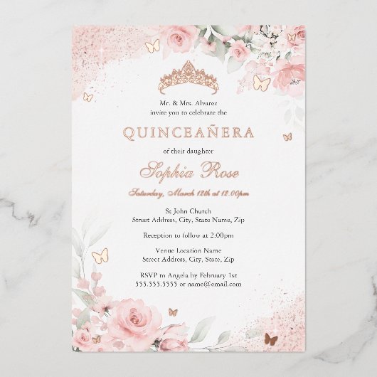 Pink Blush Rosen Butterfly Silver Quinceanera Folieneinladung (Vorderseite)