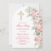 Pink Blush Roses Arch First Communion Einladung (Vorderseite)