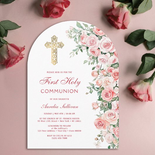 Pink Blush Roses Arch First Communion Einladung