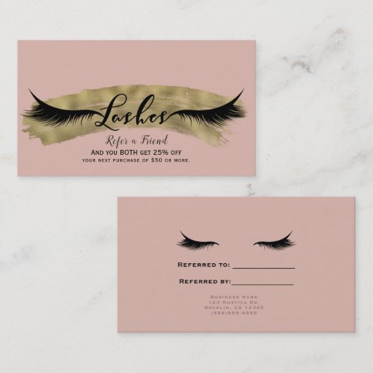 Pink Blush & Shiny Gold Eyelashes Empfehlungskarte (Vorne/Hinten)