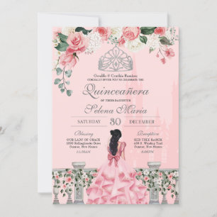 Pink Blush Silver Tiara Royal Princess Quinceañera Einladung