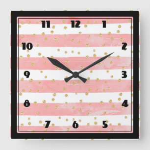 Pink Blush Stripes with Faux Gold Confetti Quadratische Wanduhr