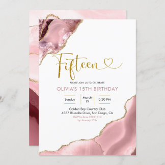 Pink Blush und Gold Agate Fünfzehn Geburtstag Einladung
