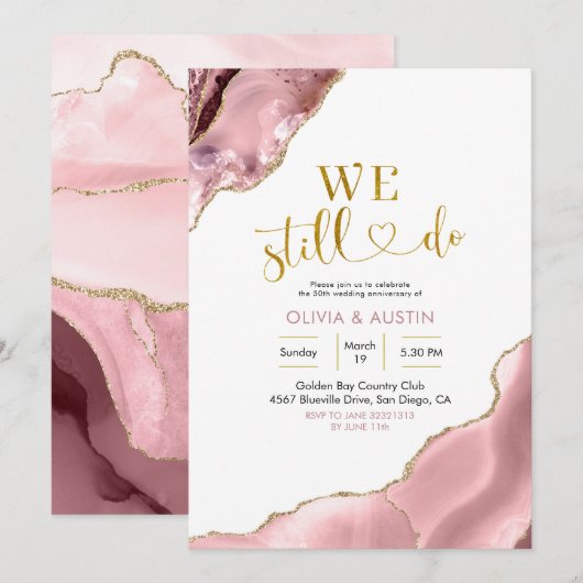 Pink Blush und Gold Agate Hochzeitstag Einladung (Vorne/Hinten)