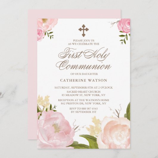 Pink-Blütenkuchen Erste Heilige Kommune Einladung (Vorne/Hinten)