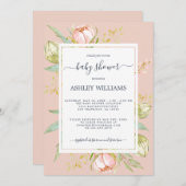 Pink Blütenpink Peony Rustic Boho Pink Babydusche Einladung (Vorne/Hinten)