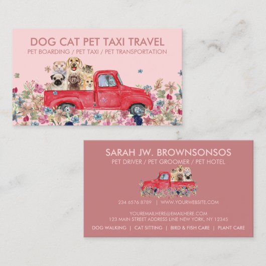 Pink Boarding LKW Blume Hunde Katzen Haustier Visitenkarte (Vorne/Hinten)