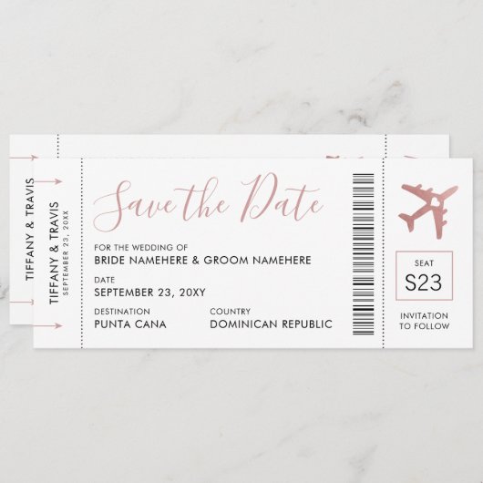 Pink Boarding Pass Plane Ticket Save the Date Ankündigung (Vorne/Hinten)