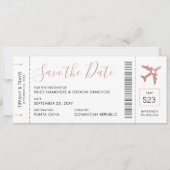 Pink Boarding Pass Plane Ticket Save the Date Ankündigung (Vorderseite)