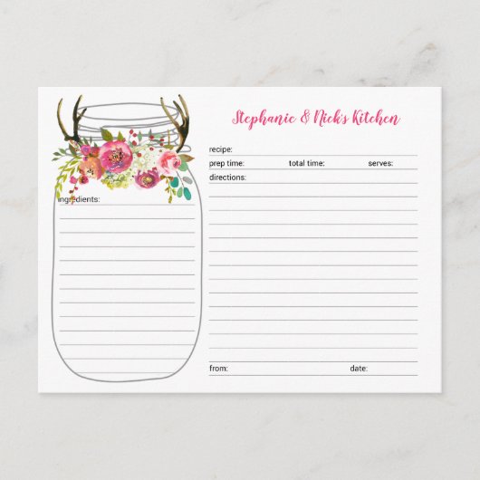 Pink Boho Antlers Mason Jar Neu verheiratete Rezep Ankündigungspostkarte (Vorderseite)