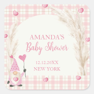 Pink Boho Arch Gingham Sweetheart Babydusche Quadratischer Aufkleber