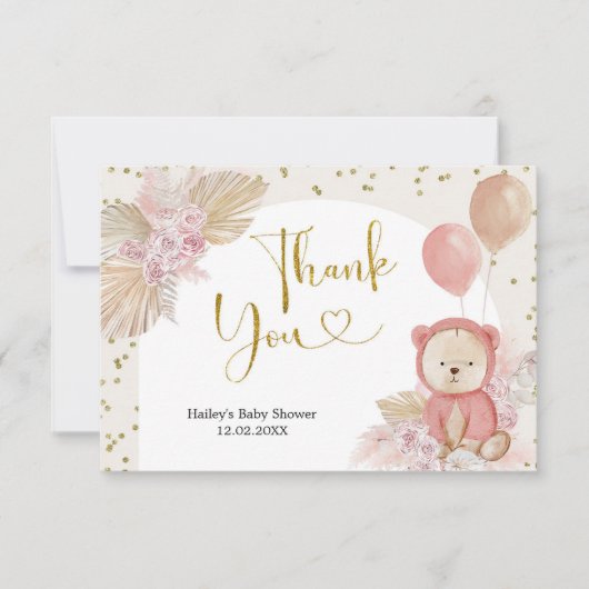 Pink Boho Bear Baby Dusche Danke Karte (Vorderseite)