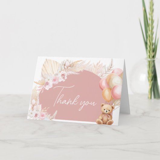 Pink Boho Bear Balloon Babydusche Dankeskarte (Vorderseite)