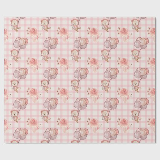 Pink Boho Bear Balloons Gingham Floral Geschenkpapier (Flach)