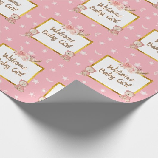 Pink Boho Bear Moon Babydusche Geschenkpapier (Ecke)