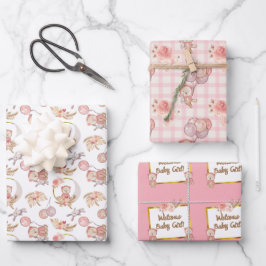 Pink Boho Bear Moon Bunny Floral Geschenkpapier Set