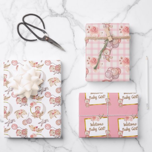 Pink Boho Bear Moon Bunny Floral Geschenkpapier Set (Vorderseite)