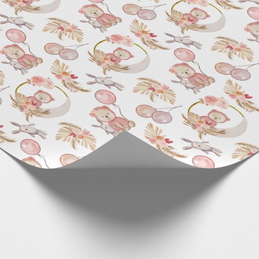 Pink Boho Bear Moon Bunny Geschenkpapier (Ecke)