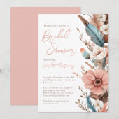 Pink Boho Blume & Feathers Elegantes Brautparty Einladung (Vorne/Hinten)