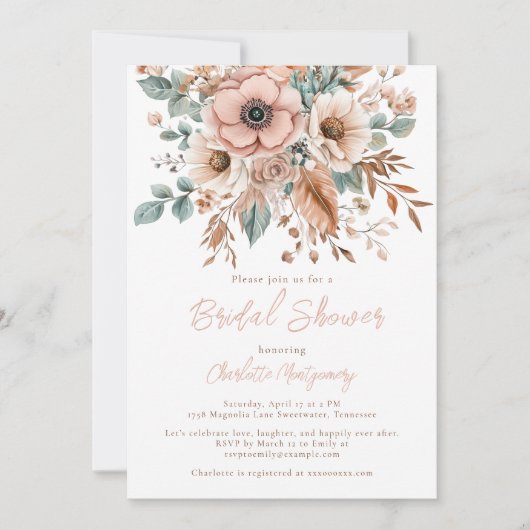 Pink Boho Blume & Feathers Elegantes Brautparty Einladung (Vorderseite)