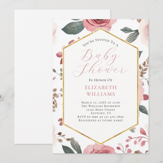 Pink Boho Blume Peonies Kinderdusche Einladung (Vorne/Hinten)