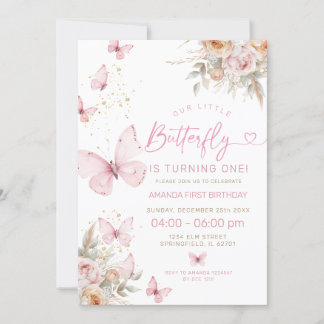 Pink Boho Blume und Schmetterlinge Geburtstag Einladung