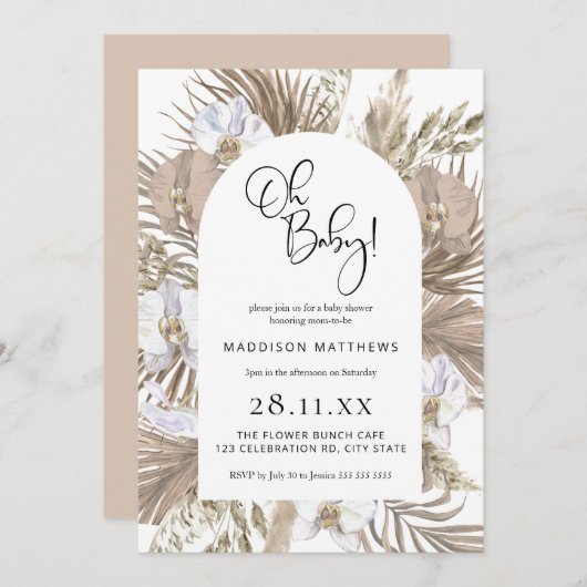 Pink Boho Blumenstrauß Oh Babydusche Einladung (Vorne/Hinten)