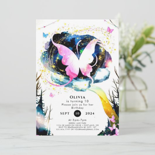 Pink Boho Butterfly Geburtstag Einladung (Stehend Vorderseite)