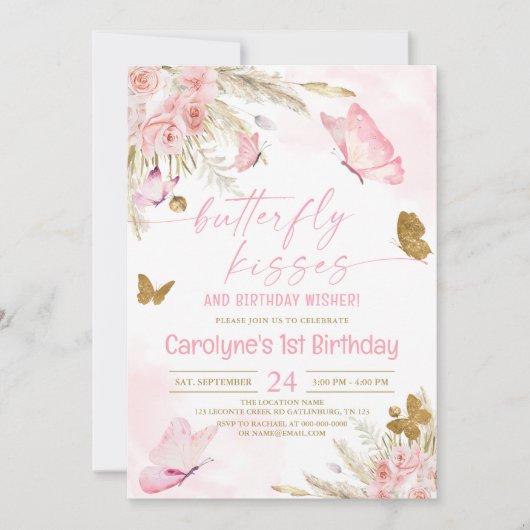 Pink Boho Butterfly Kisses und Birthday Wünsche Einladung (Vorderseite)