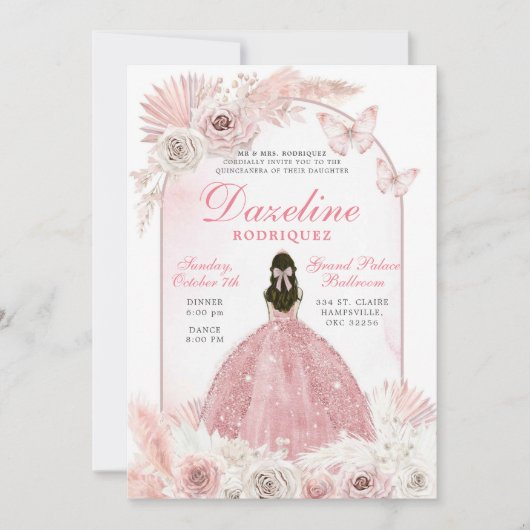 Pink Boho Chic Quinceanera Einladung (Vorderseite)