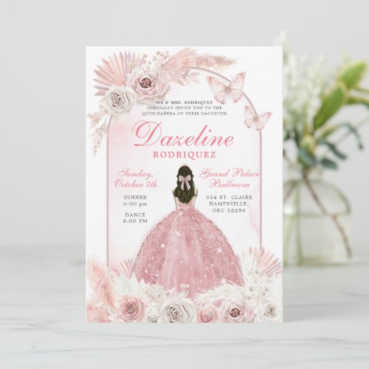 Pink Boho Chic Quinceanera Einladung (Stehend Vorderseite)