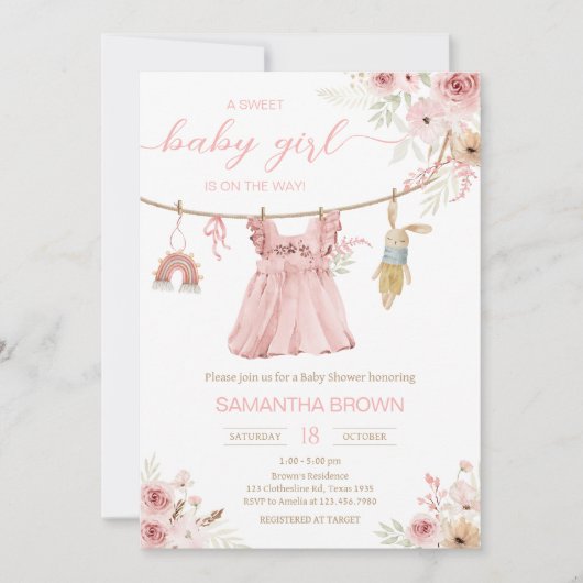 Pink Boho Clothesline Babydusche Einladung (Vorderseite)