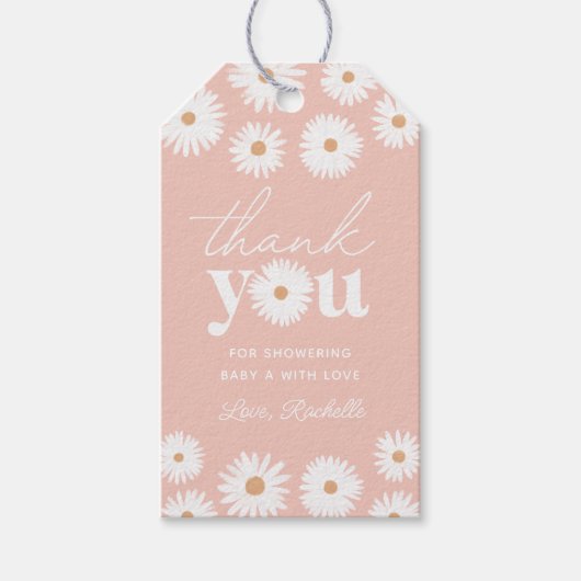 Pink Boho Daisy Floral Girl Babydusche Geschenkanhänger (Vorderseite)