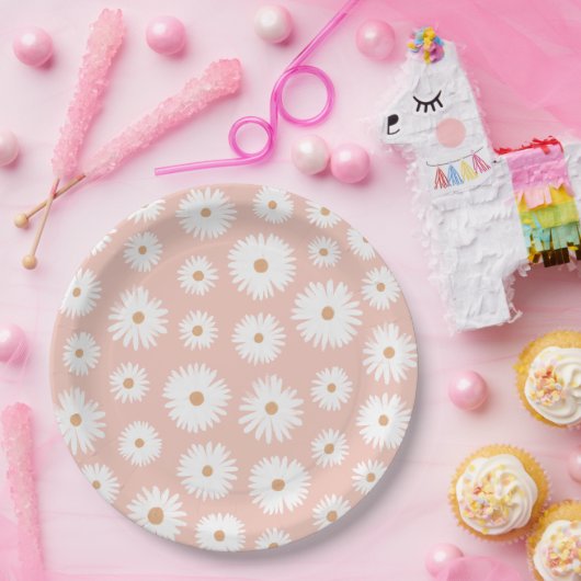 Pink Boho Daisy Floral Girl Babydusche Pappteller (Party)