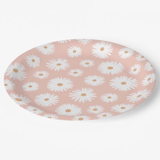 Pink Boho Daisy Floral Girl Babydusche Pappteller (Schrägansicht)