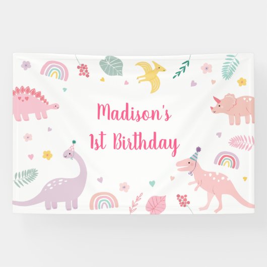 Pink Boho Dinosaur Geburtstag Banner (Horizontal)