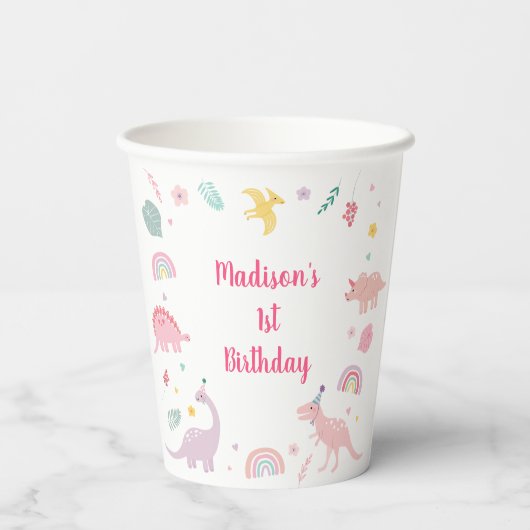 Pink Boho Dinosaur Geburtstag Pappbecher (Rückseite)