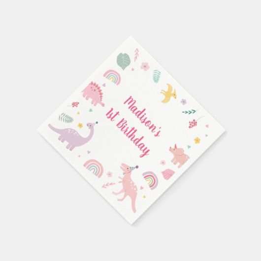 Pink Boho Dinosaur Geburtstag Serviette (Ecke)