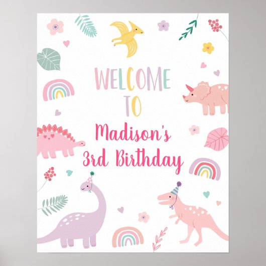 Pink Boho Dinosaur Geburtstag Willkommen Poster (Vorne)