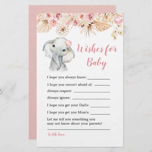Pink Boho Elephant Baby Dusche Wünsche für Baby (Vorne/Hinten)