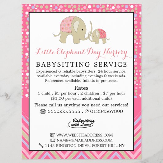 Pink Boho Elephant, Babysitter, Tagesbetreuung, Ki Flyer (Vorne)