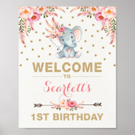 Pink Boho Elephant Erster Geburtstag Begrüßungszei Poster