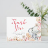 Pink Boho Elephant Girl Baby Dusche Danke Karte (Stehend Vorderseite)