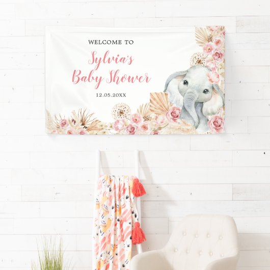 Pink Boho Elephant Girl Baby Dusche Große Banner (Insitu)