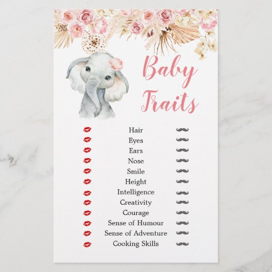 Pink Boho Elephant Girl Baby Shower Baby Tracks (Vorderseite)