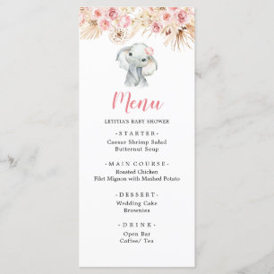 Pink Boho Elephant Girl Baby Showmenü Menükarte