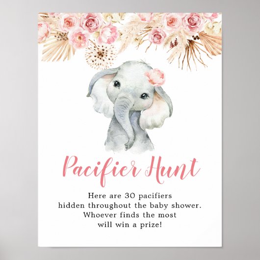 Pink Boho Elephant Girl Babydusche Schnuller Jagd Poster (Vorne)
