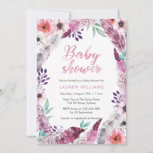 Pink Boho feather Baby Dusche Einladung (Vorderseite)